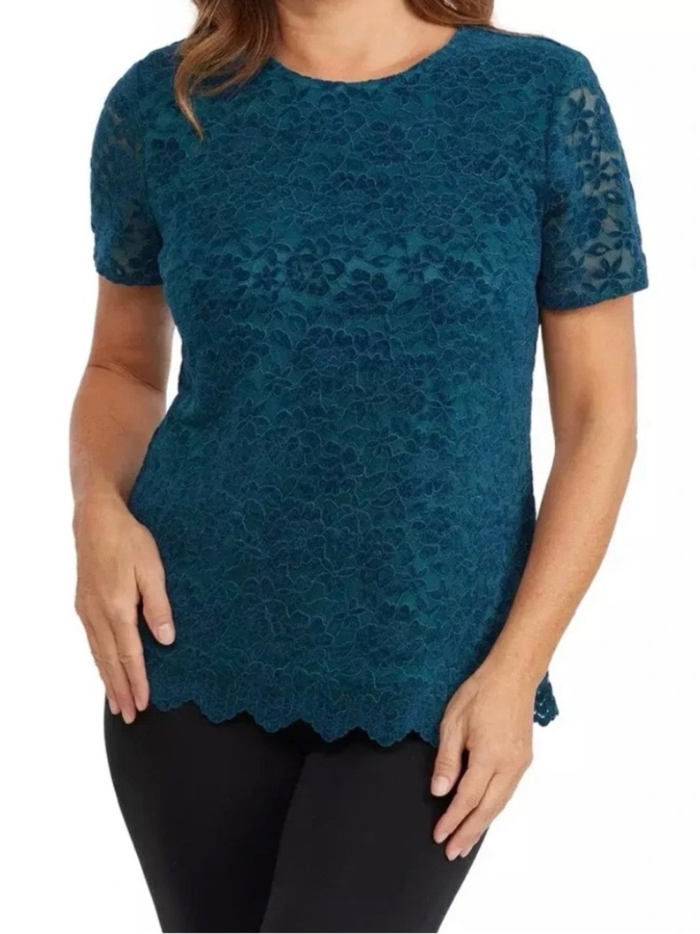 Teddi Rose Women's Teal Lace Short Sleeve Blouse - Elegant Layered Top